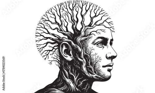 Conceptual illustration of a man with tree branches growing from his head symbolizing growth and connection to nature isolated on white