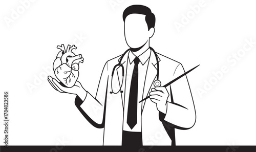 Doctor holding a heart model vector illustration in black and white for medical presentation and healthcare concept