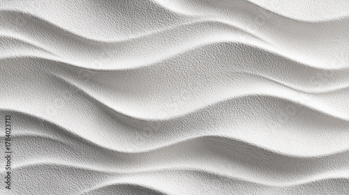 Decorative white wall design with soft waves in light gray color enhances modern interior aesthetic. Abstract background.