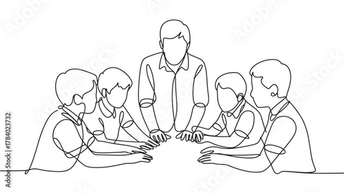 Continuous line drawing of a group of students with teacher teamwork and collaboration concept vector illustration