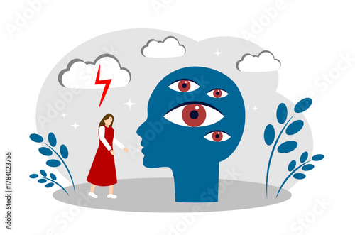 social phobia, irrational fear, looking inward, psychological problems and stress. Head with eyes