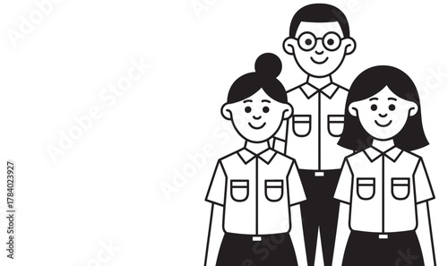 Group of students in uniform simple line drawing illustration isolated on white background for school or education concept