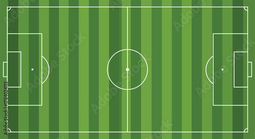Top down view of a green striped soccer field with white lines football field sport