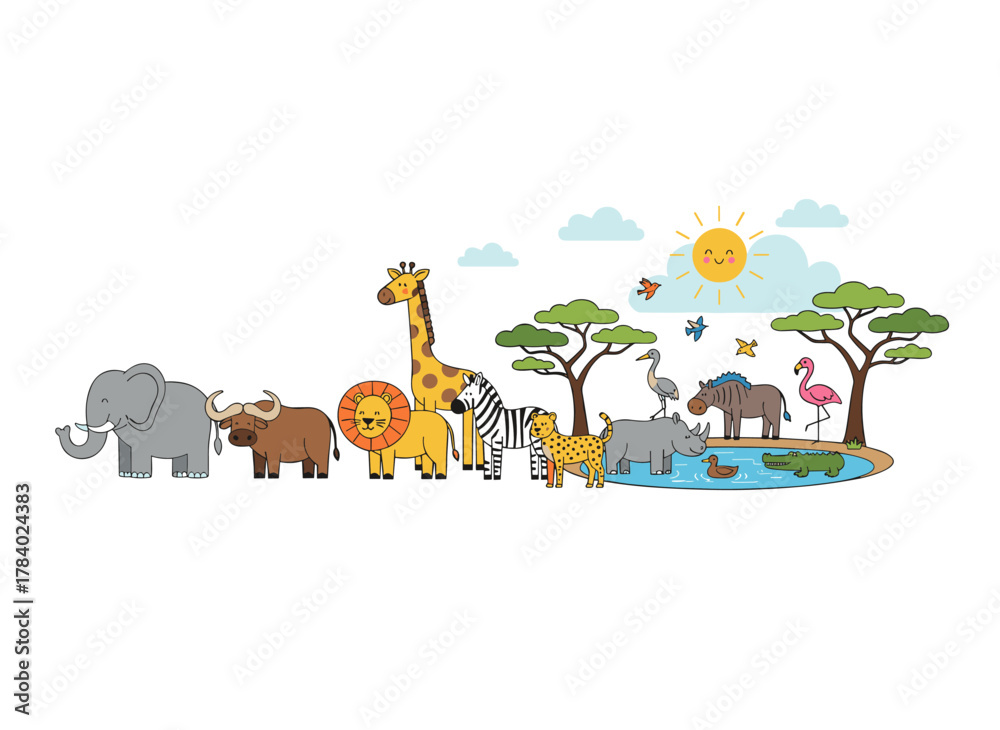 Naklejka premium A flat vector cartoon illustration of a natural savannah landscape featuring animals, reptiles, and birds, with panoramic colorful scenery and exotic wildlife in an African national park