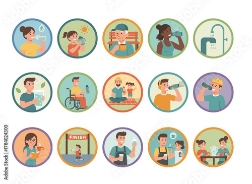 Various individuals sipping water from a glass, bottle, fountain, cooler, tap, and filter, with a man and woman quenching their thirst against a white backdrop, depicted in a flat cartoon vector