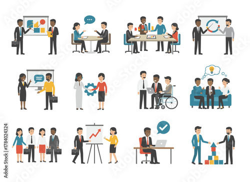 Illustration of male and female office workers engaging in conversation, negotiating, and presenting in a flat, colorful cartoon vector style