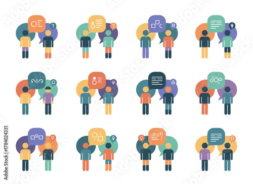 A group of men and women conversing, depicted with speech bubbles against a white background in a vibrant flat cartoon vector style