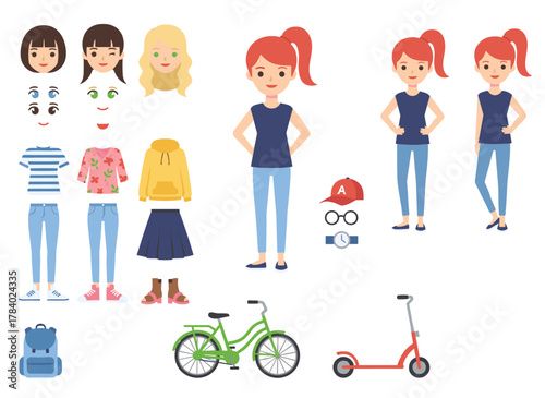 Hipster girl design pack: a collection of flat female cartoon body parts, facial expressions, hairstyles, fashionable clothing, and chic accessories, all isolated on a white background, rendered as
