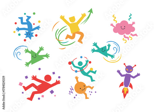 Joyful liberated people soaring, drifting, and leaping through the air, symbolizing freedom, progress, and aspirations, as men and women move forward, illustrated in a colorful flat vector on a white