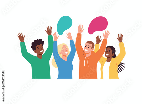 A cheerful crowd gathers, applauding and welcoming, with enthusiastic fans raising their hands and standing together; young men and women shout during the event, depicted in a flat vector