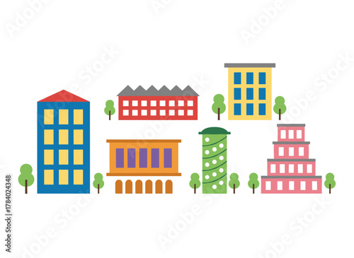 A collection of diverse panel-style residential houses illustrated in colorful flat vector art