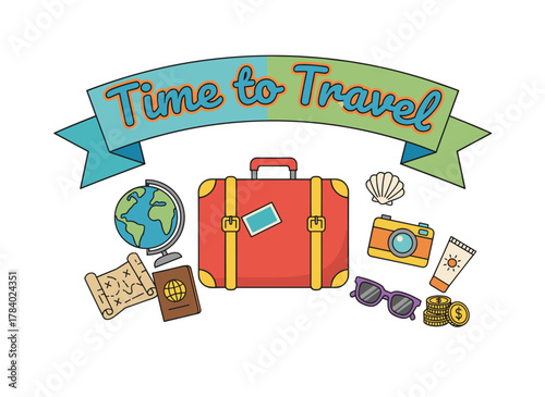 A banner featuring travel and tourism motifs, with colorful items such as a backpack, suitcase, map, and globe, plus a space for text, set against a summer holiday background in a flat colored vector
