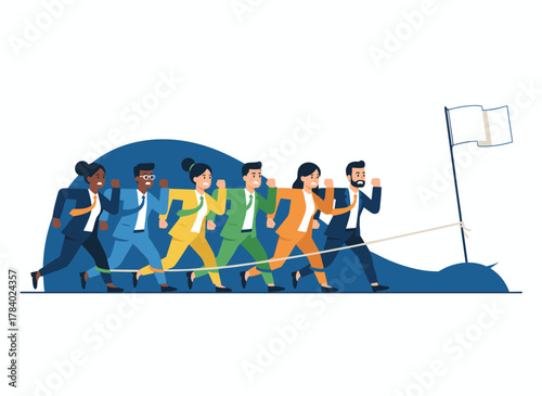 Office employees or clerks poised at the starting line before a race or sprint, depicting business competition or rivalry among coworkers, rendered as a colorful flat cartoon vector illustration