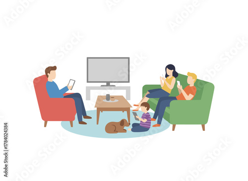 Flat vector illustration depicting gadget addiction, featuring a family using portable electronics, social media users, people holding smartphones and tablets, and parents and children spending time