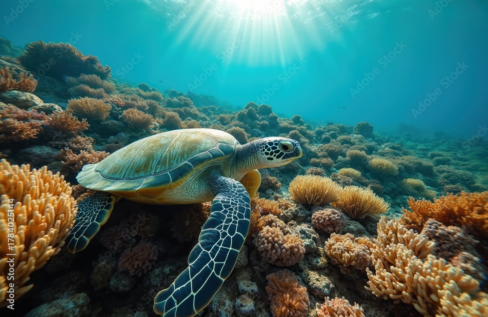 Obraz premium Green sea turtle swims near coral reef underwater. Marine animal moves in ocean. Sunlight rays penetrate deep blue water. Aquatic life ecosystem in tropical environment.