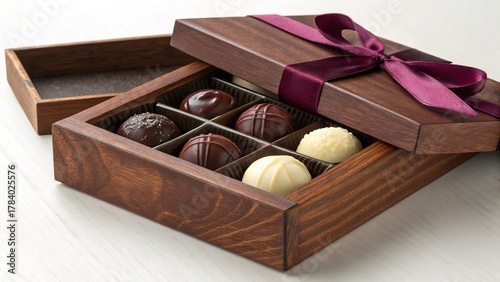 Luxurious wooden box of handmade truffles wrapped with elegant velvet ribbon for a sweet indulgence
