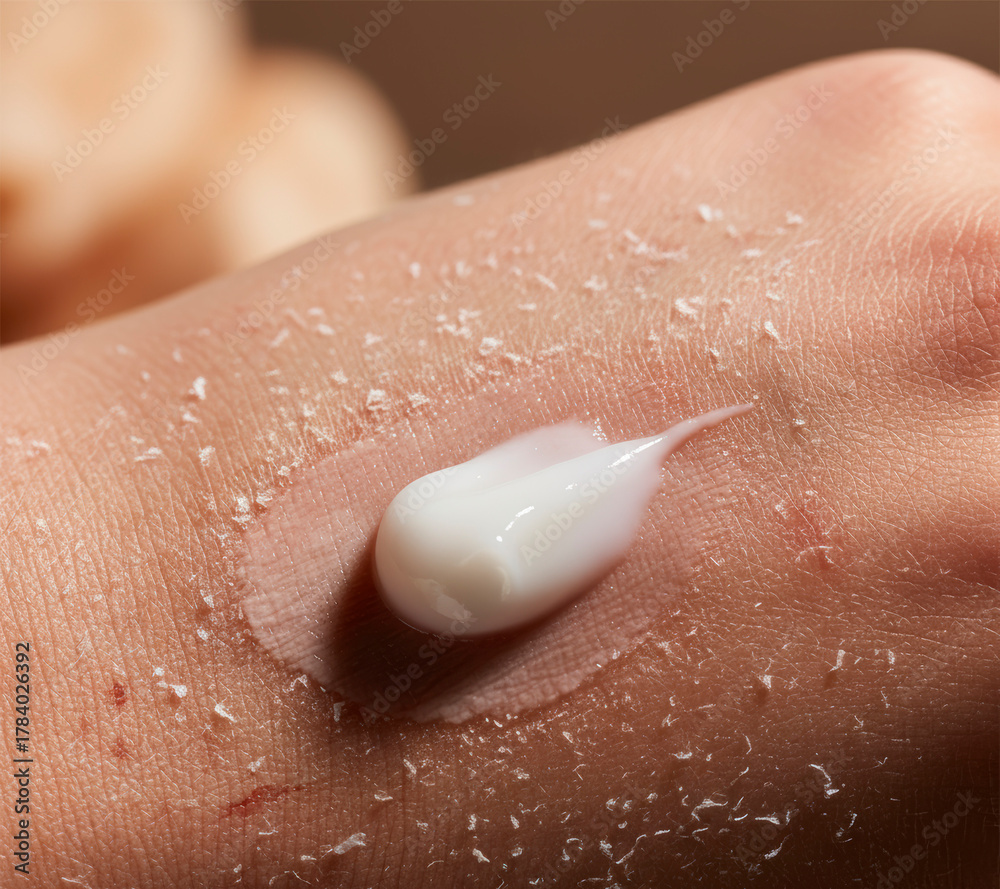 Fototapeta premium Skincare routine for winter, moisturizing cream application on hand, close-up shot