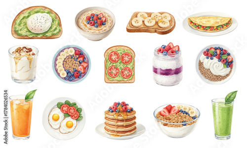 Watercolor Set of Delicious Healthy Breakfast and Brunch Meals