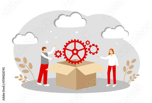 The concept of teamwork, a new idea, a business strategy, fixing and debugging systems. People and Gears