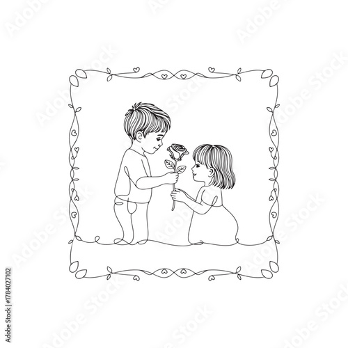 A young boy offering a flower to a girl framed art silhouette