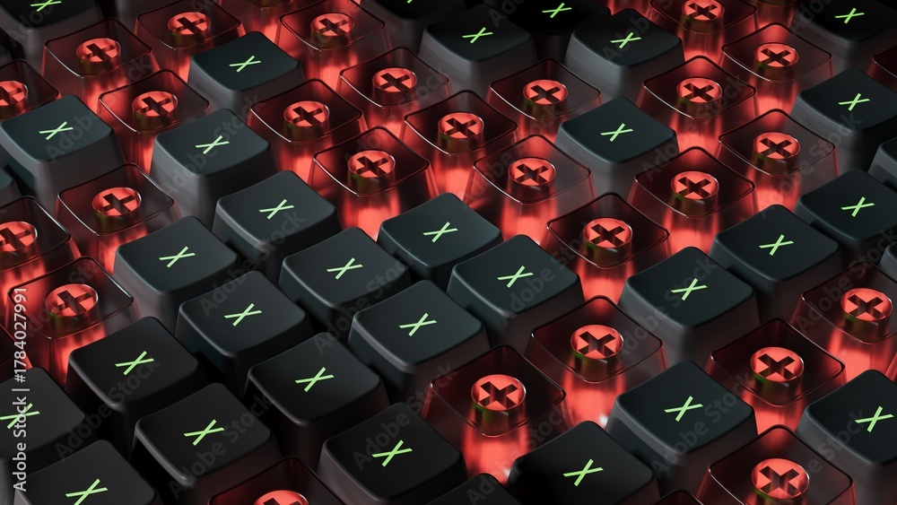 Fototapeta premium Close-up of mechanical keyboard switches with red backlight. Black housings, green “X” markings, and exposed cross-shaped stems reveal intricate internal design.