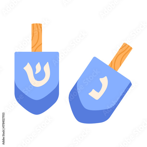 Dreidels with Hebrew letters. Four-sided spinning tops. Traditional Hanukkah toy used in Jewish holiday game. Wooden design. Flat vector illustration isolated on white background