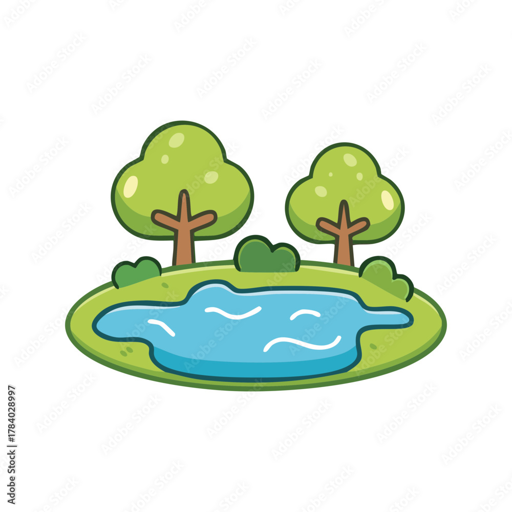 Obraz premium A simple cartoon-style illustration of a pond in a park with two trees. The pond is surrounded by green grass and shrubs