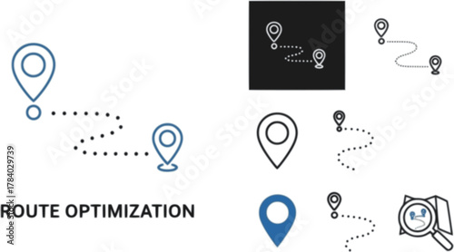 vector set of Route Optimization line icon, Route icon between two points with dotted path and location pin. Route location icon	
