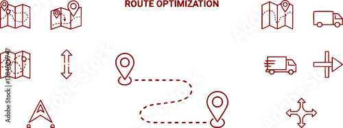 vector set of Route Optimization line icon, Route icon between two points with dotted path and location pin. Route location icon	
