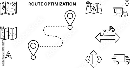 vector set of Route Optimization line icon, Route icon between two points with dotted path and location pin. Route location icon	
