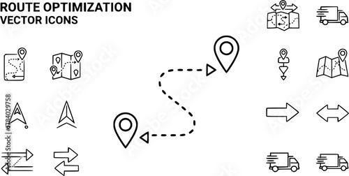 vector set of Route Optimization line icon, Route icon between two points with dotted path and location pin. Route location icon	
