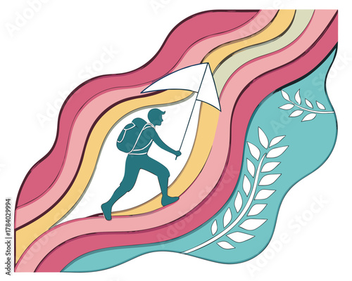 Silhouette of a traveler climbing to new heights with a backpack in an abstract nature landscape design and colorful layers