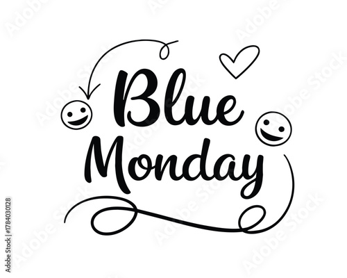 Black and White Blue Monday Text Illustration with Smiley Faces and Heart Graphic Design to Evoke Feelings