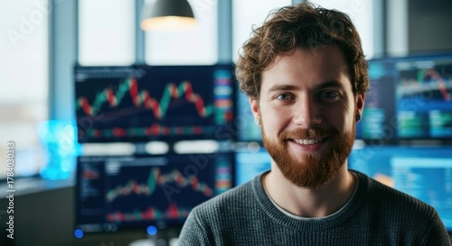 Confident bearded man smiling in a modern office with multiple screens displaying financial stock market data and charts, a successful trader or analyst.