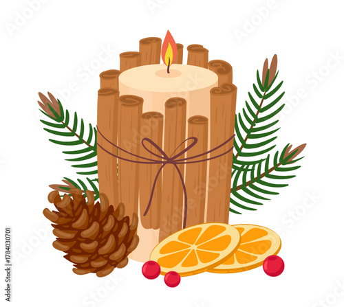 Christmas candle decor. Cartoon xmas scented aromatic candle, winter holidays aroma decorated candle with cinnamon sticks flat vector illustration. Xmas candle on white background
