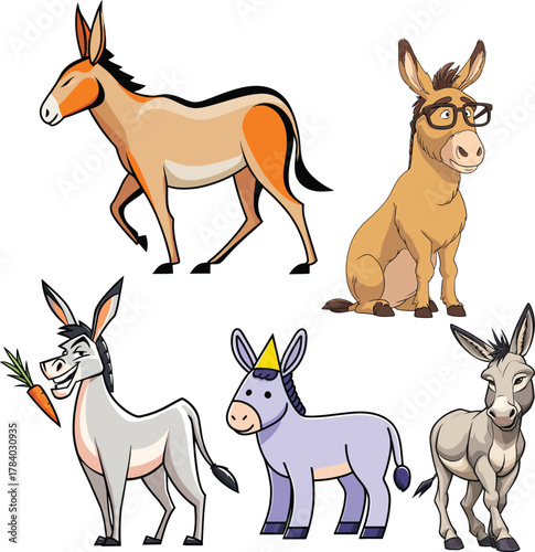 Playful donkey sketch collection with glasses and crown poses