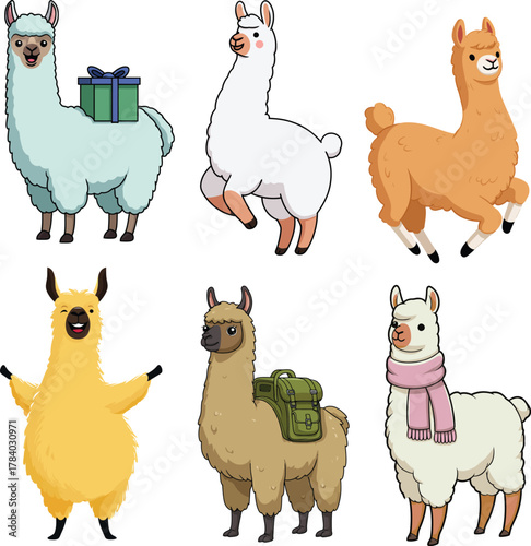 Cute llamas set with gifts backpack and scarf in colorful styles