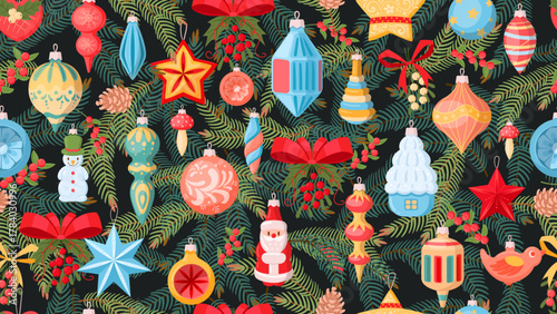 Christmas fir tree design. Winter holidays xmas decorations seamless pattern, festive decor flat vector background illustration. Christmas holidays endless design