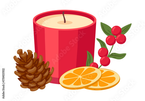 Christmas scented candle. Decorated wax xmas aromatic candle, winter holidays cozy aroma candle flat vector illustration. Cartoon Xmas candle