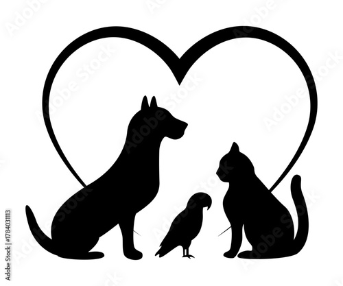 Dog cat bird friendly pets vet logo with heart in background minimalist illustration