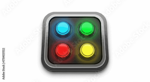 Modern control panel with four round buttons illuminating blue, green, red, and yellow
