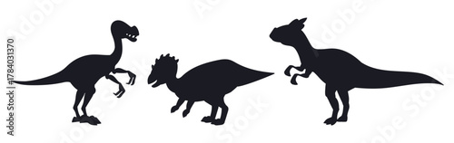 Dinosaur silhouettes. Jurassic triceratops and homolocephalus ancient animals flat vector illustration set. Wild dinos silhouettes on white