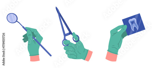 Stomatologist holding tools. Dentist hands in rubber gloves holding dental equipment flat vector illustration set. Cartoon dentist tools in doctors hands