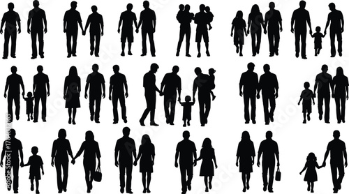Family and couple silhouette set, diverse relationship poses, black shadow figures, emotional bonding scenes, parenting moments, flat vector illustration