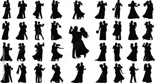Dancing couple silhouette set, romantic dance poses, black shadow figures, movement and interaction theme, elegant grid layout, flat vector illustration