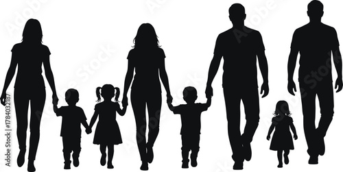 Family walking silhouette, adult and children figures, parenting and guardianship concept, black shadow illustration, emotional bonding scene, flat vector illustration