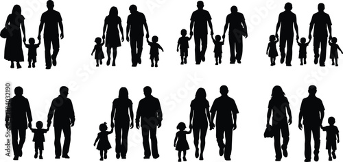 Family walking silhouette set, diverse parent child poses, black shadow figures, bonding and interaction scenes, togetherness concept, flat vector illustration