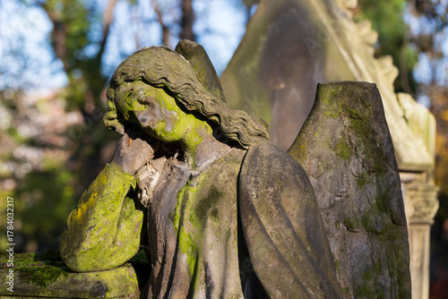 Historic Statue on the autumn mystery old Prague Cemetery, Czech Republic