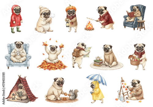 Adorable Watercolor Autumn Pugs Doing Cozy Fall Activities Set