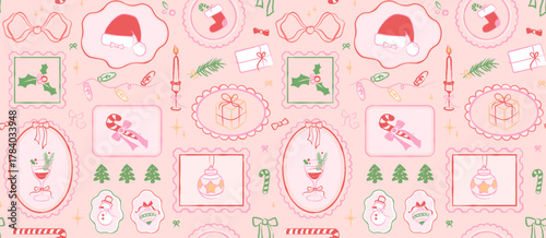 Christmas seamless pattern with festive holiday elements in colorful frames. Hand drawn Santa hats, holly leaves, stockings, gifts, bows and cocktails. Ornate pastel background for seasonal design.